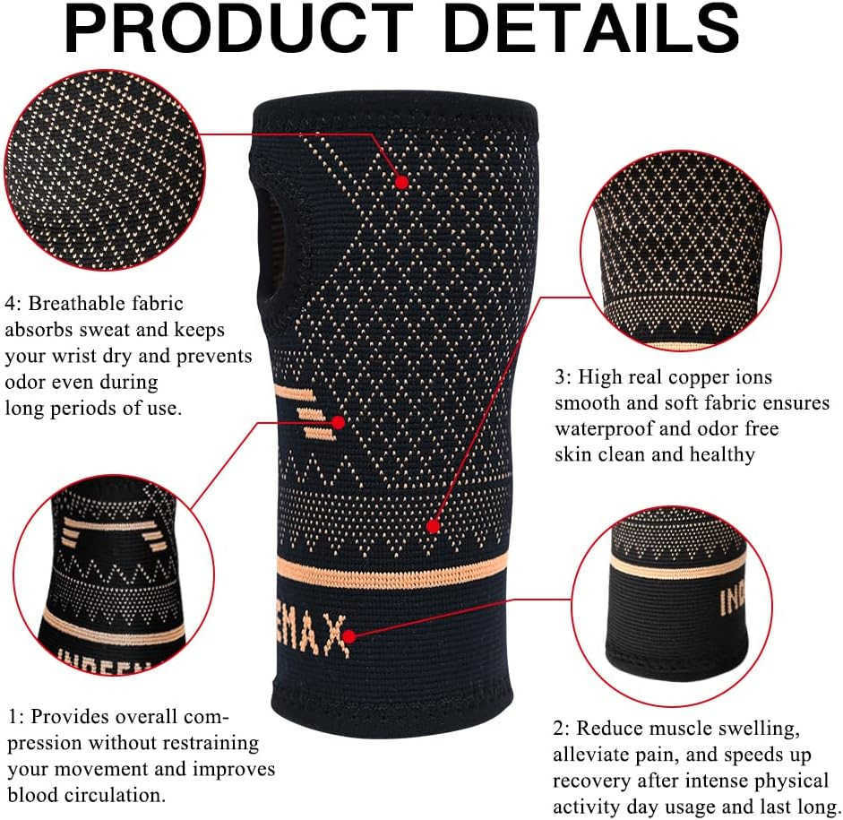 Copper Wrist Compression Sleeve 1 Pair Comfortable Hand Brace Support for Arthritis Tendonitis Sprains Workout Carpal Tunnel Left Right Women and Men 