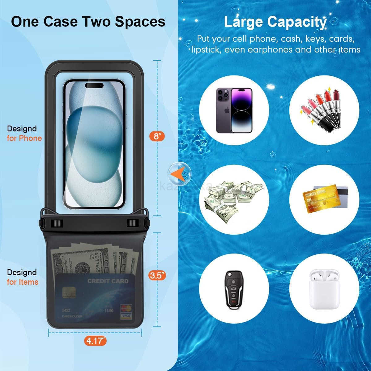 Double Space Waterproof Phone Pouch 2 Pack Waterproof Phone Case with Lanyard for iPhone 16 15 Pro Max S23 Pixel 7a up to 85 Cellphone Dry Bag for Bea