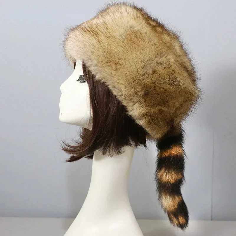 Imitation Fur Hat Round Flat Hat Autumn Winter New Raccoon Tail Fluffy Warm Ear Hats for WomenXJ250910