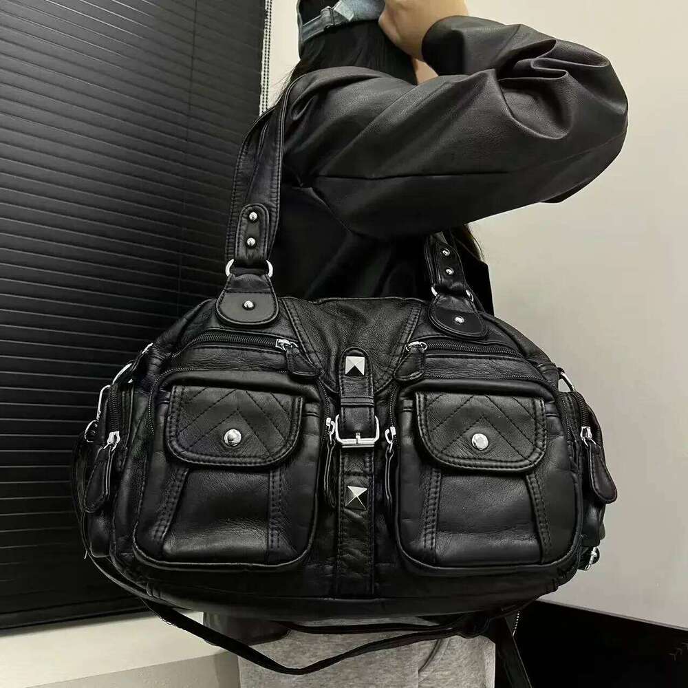 Ladies' Fashionable Retro Vintage Hot Girl Motorcycle Tote With Large Capacity Y2k Washed Vegan Leather Shoulder Bag