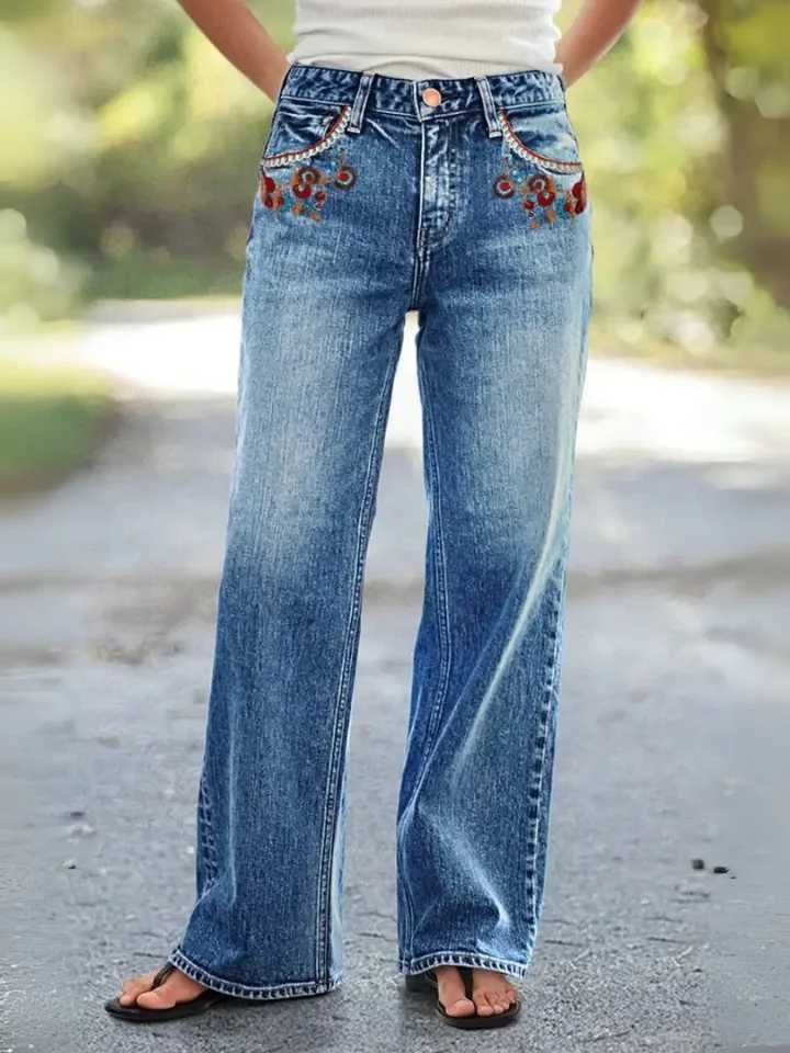 HMEWomens straightleg highwaisted loosefit buckle wash denim jeans retro style loose straightleg fit highquality Z250910