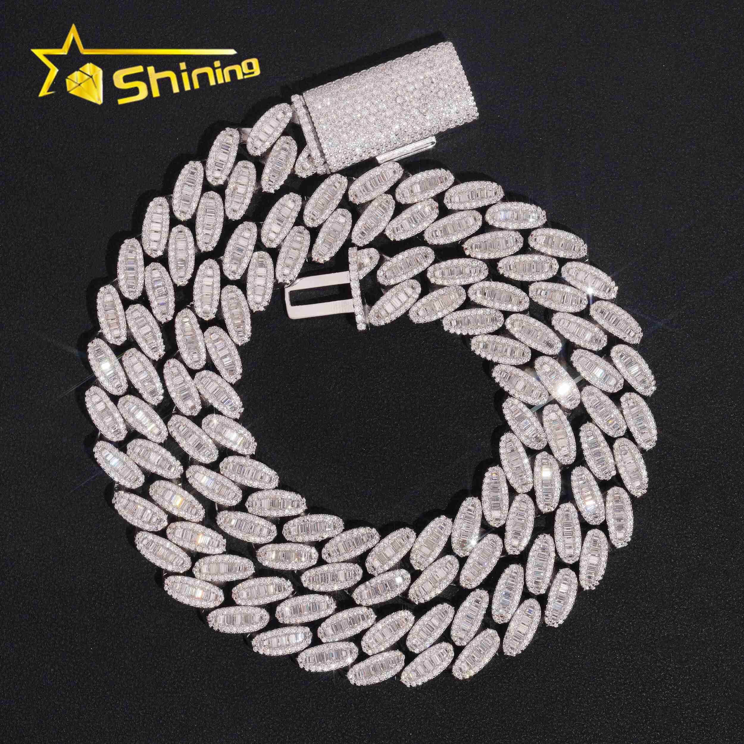 Pass Diamond Tester Men Jewelry Prong Setting Miami Iced Out Cuban Link Necklace 925 Silver 15MM VVS Baguette Moissanite Chain