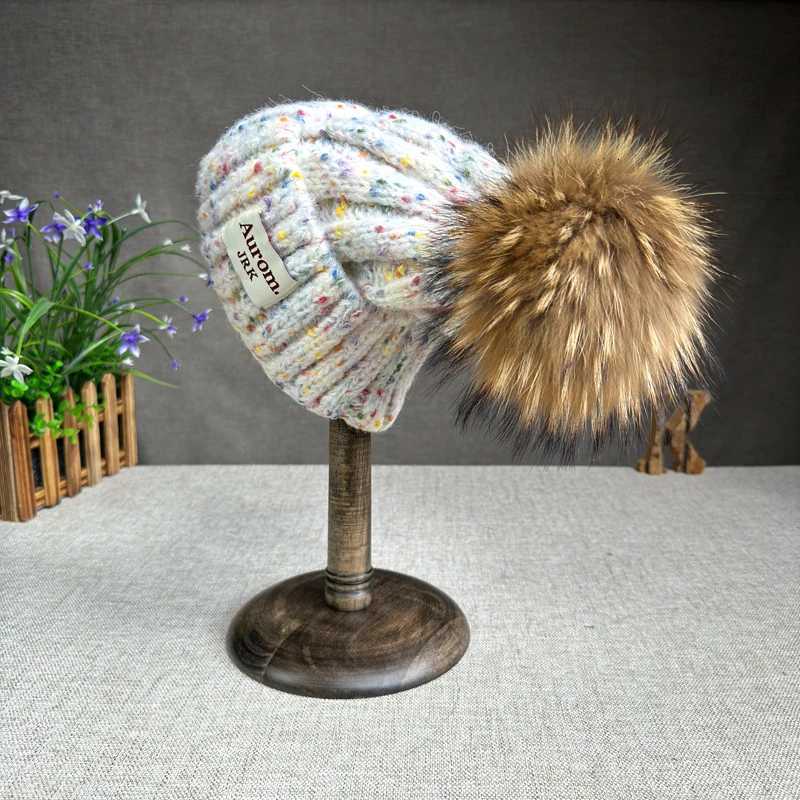 Fashion raccoon fur pompom hat for women High quality mixColor Beanies Winter Hats for women Warm Female beaniesXJ250910