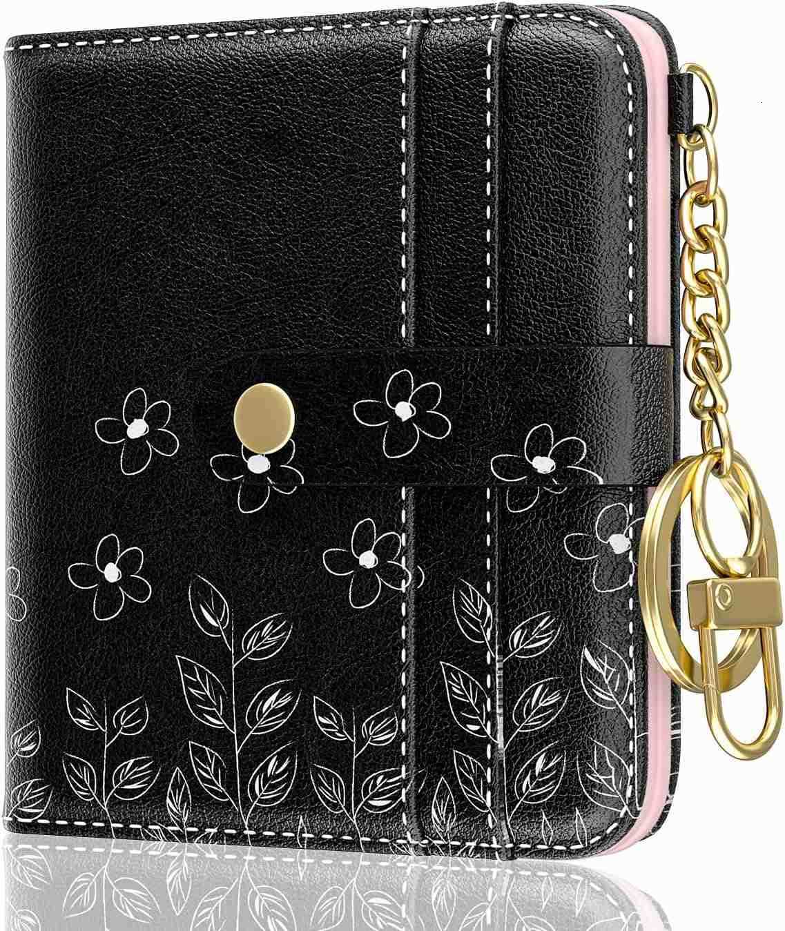 Womens Wallet RFID Small Wallets for Women Slim Compact CARD Holder Cute Leather Bifold Ladies Purse with Zipper Coin Pocket and ID Window Gothic Bats