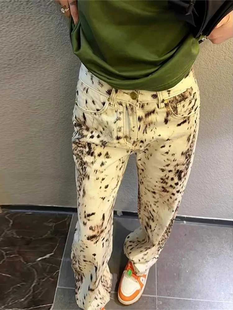 Leopard Print Straight Wide Leg Jeans Women High Waisted Retro Jeans Streetwear Y2k Vintage Pants High Street Denim Trousers Z250910