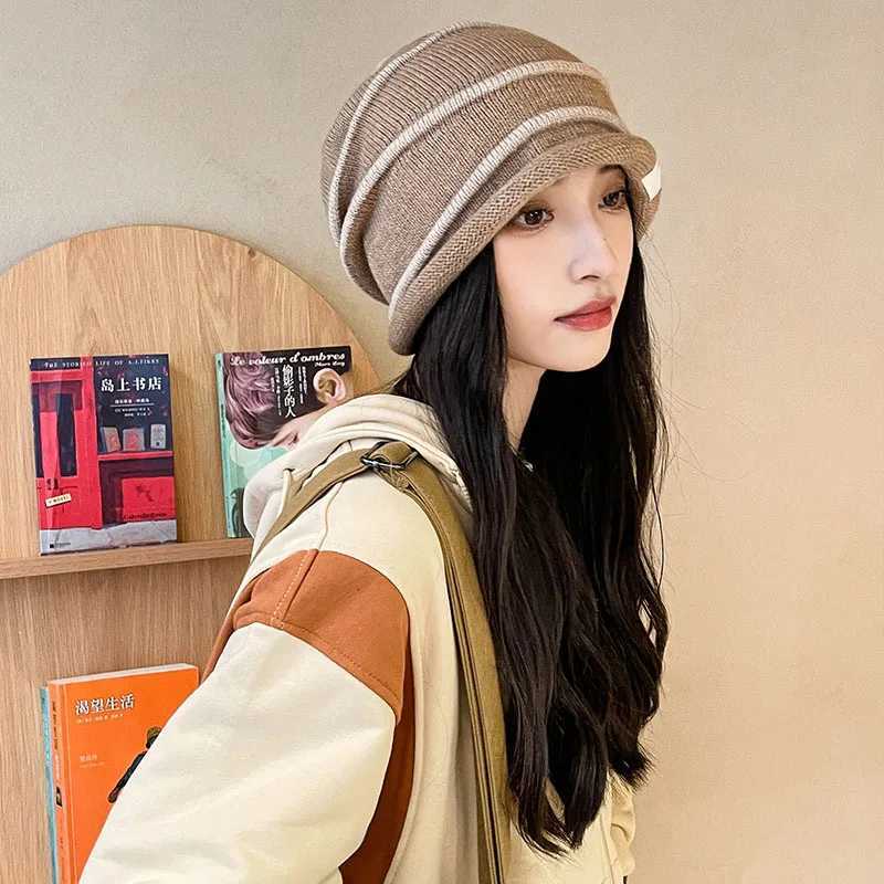 RICYGVM Korean Wen Rold Edge Plover Hat Baggy Slouchy Beanie Autumn Winter Ear Warm Skls Fashion Girl Kint Woon G250910