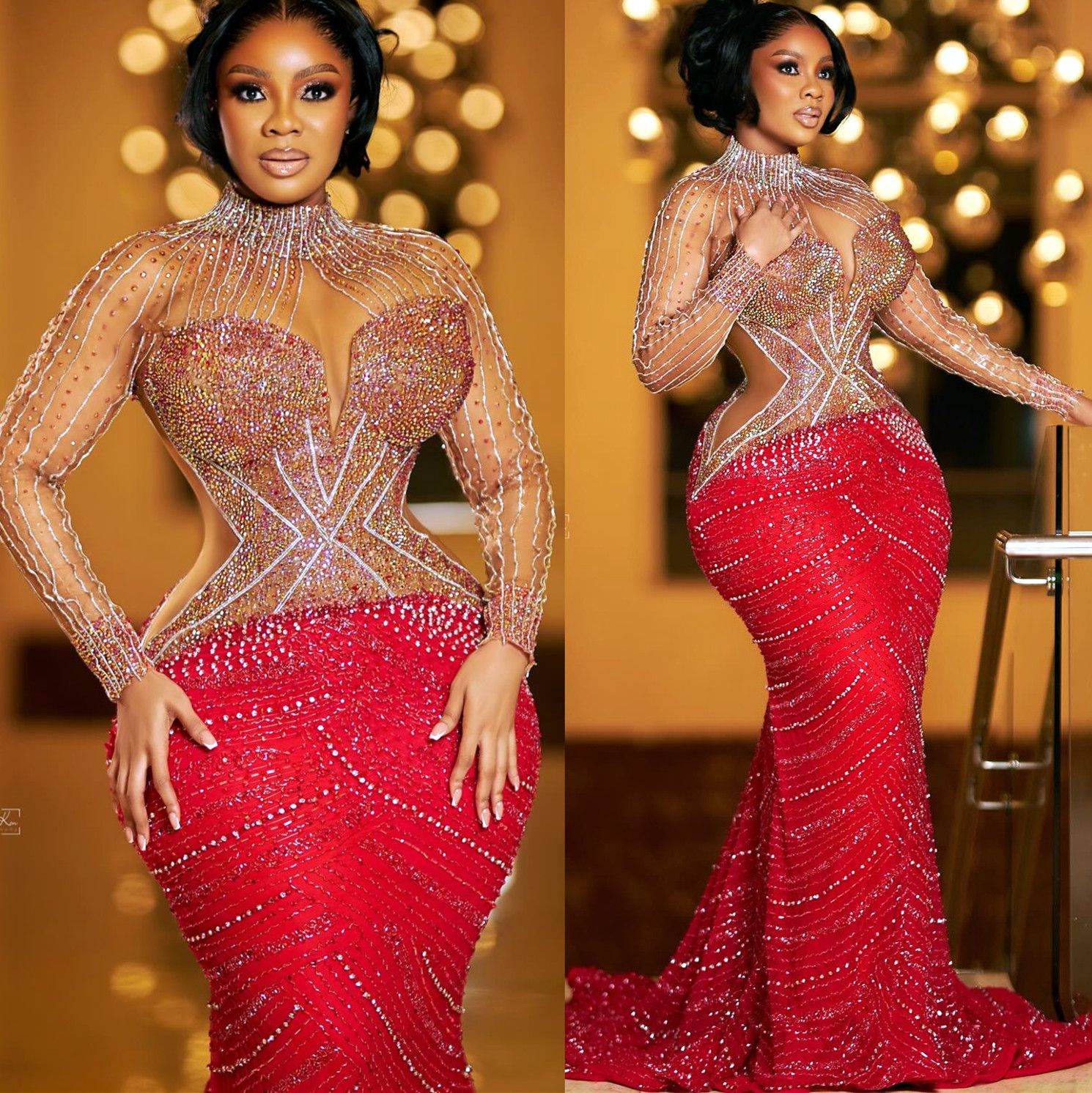 Elegant Red Mermaid Prom Dress with Beaded Crystal Details, Formal Evening Gown for Special Occasions