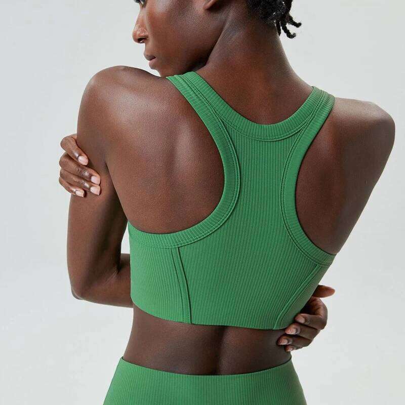 High Impact Fiess Yoga Bra Super Stretch Round Neck Gym Crop Top Ribbed Fabric Sleeveless Running Vest Female Sportswear