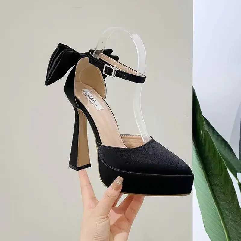 High Heels Women 2024 Summer New Fashion Satin Face Pointed Toe High Heel Sandals Bow One Word Buckle Thick Heel Womens Shoes W250910