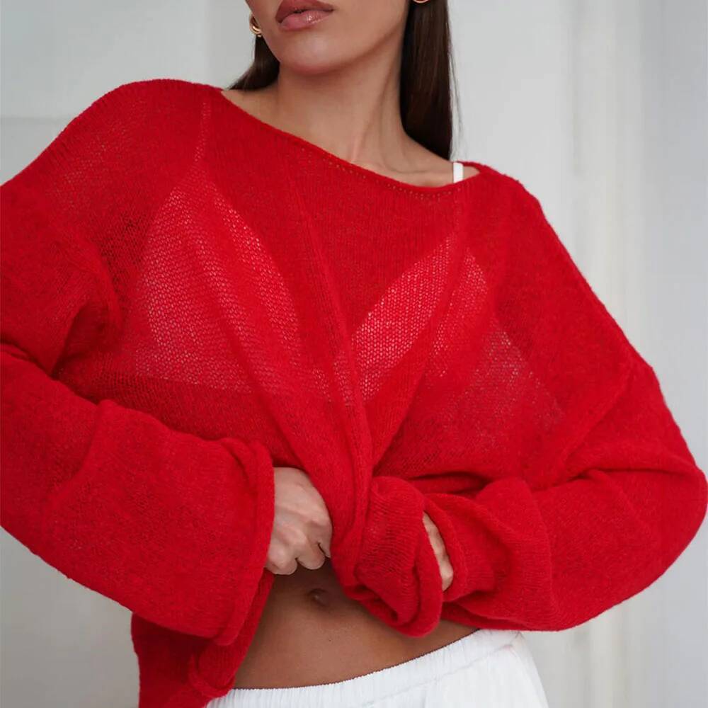 Talenza Hollow Sweater Women's Solid See-through O-Neck Long Sleeve Knitted T-Shirt Loose Casual Pullover 2025 dongdumaoyi