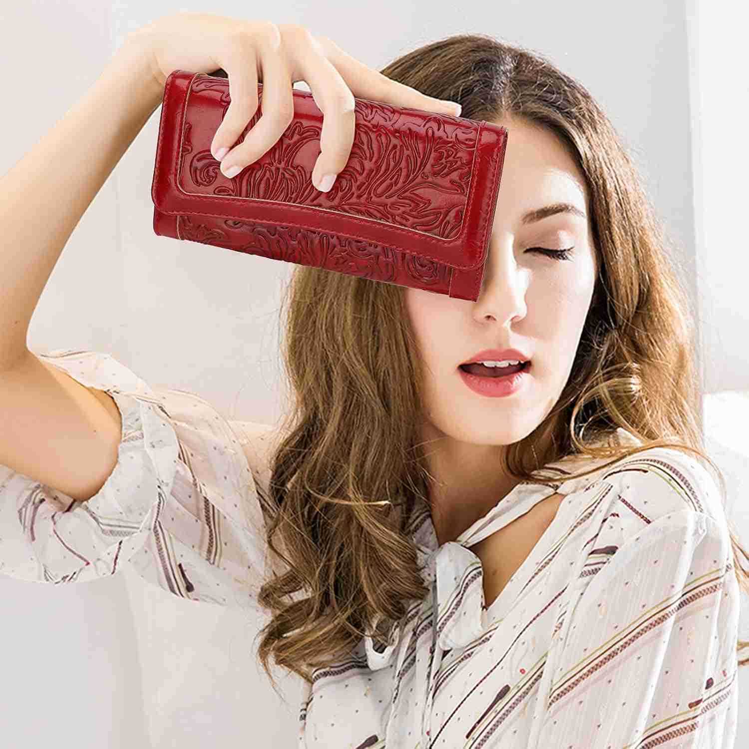 Womens Wallet Leather RFID Blocking Trifold Ladies Purse Embossed long Clutch Card Holder Phone Checkbook OrganizerZ250910
