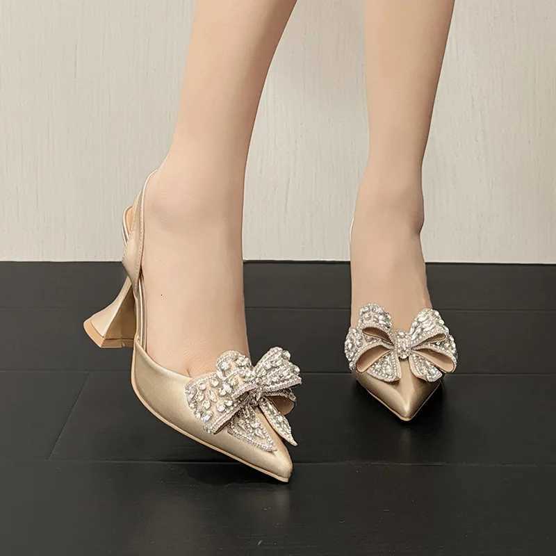 Runway Fashion Glitter Rhinestones Women Pumps Crystal Bowknot Satin Pointed Toe Strange High Heels Wedding Prom Shoes for Women W250910