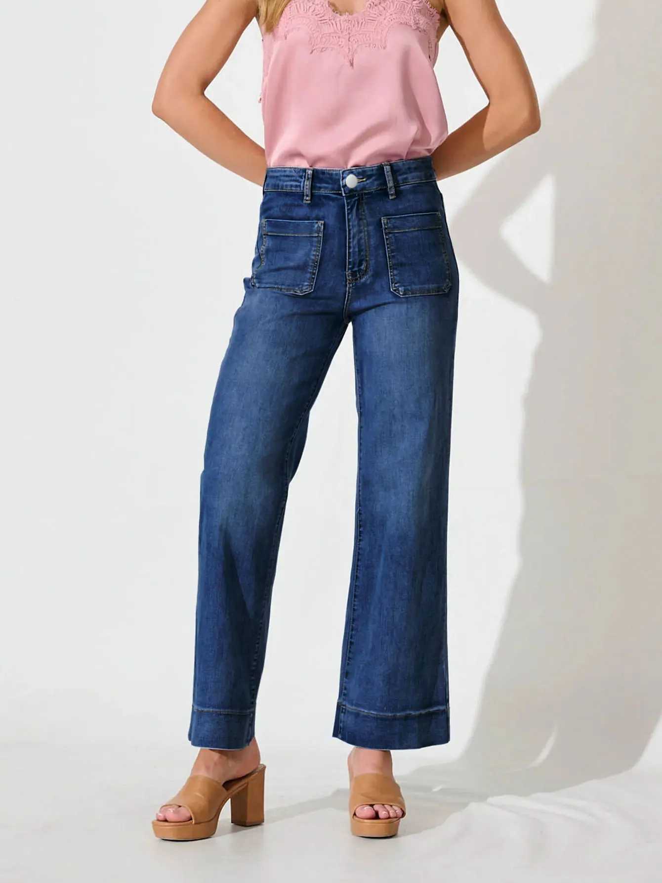2025 New Womens Dark Blue MidRise Wide Leg Jeans Vintage Stretch Fabric Comfortable Soft Classic Casual Button Placket Jeans Z250910