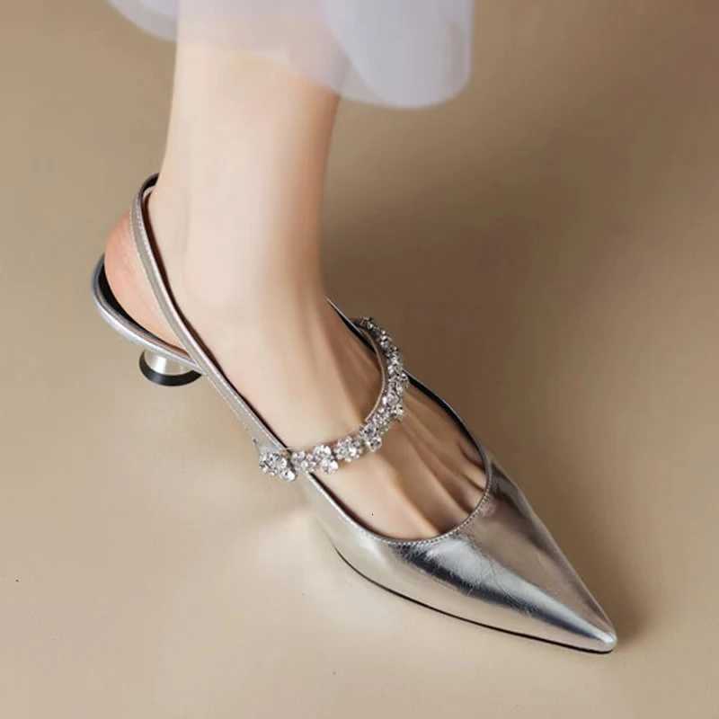 Summer Women Silver Back Clasp Sandals Famele HighHeeled Rhinestone Mary Jane Shoes Ladies Slingback Temperament Gold Pumps W250910
