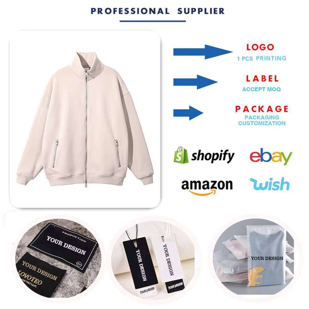 Drop Shoulder Oversized Hoodie Men's Stand Collar Wool Sweatshirt with Zipper Pocket