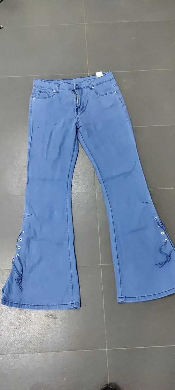 Full Length Flare Pants Women Jean Washed Denim Pants Zipper Fly Loose Fit Pockets High Waist Basics Lace Up Vintage Solid Z250910