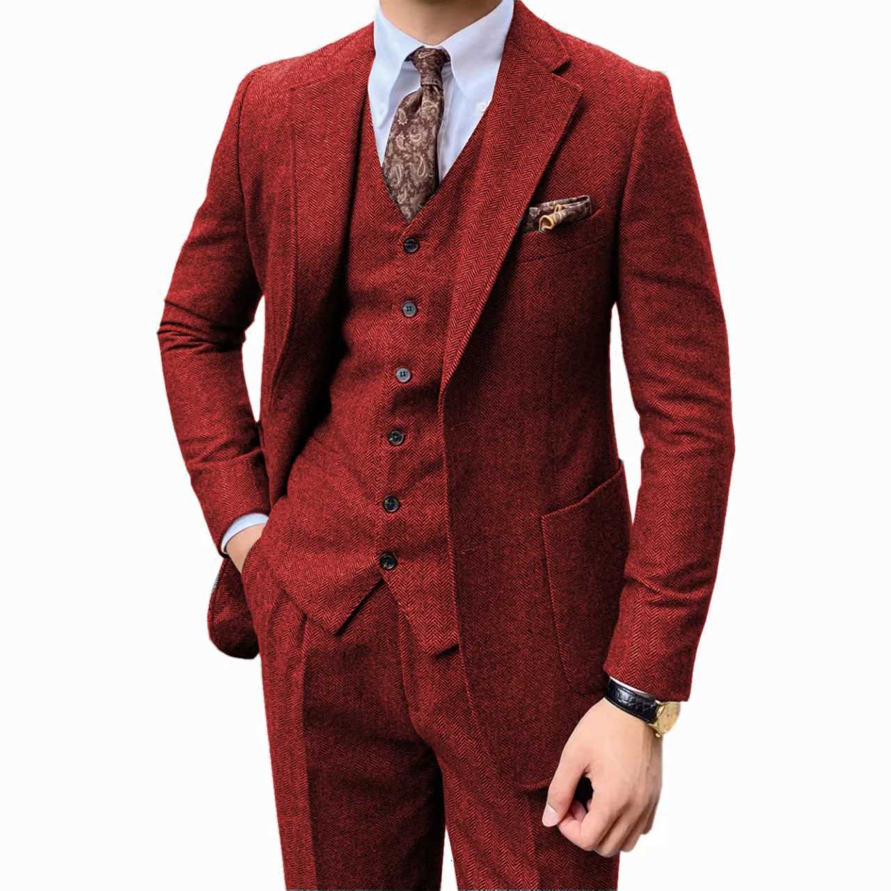 Mens herringbone suit twopiece set Notched lapel One Button Herringbone onebreasted vest jacket Coarse woolen fabrics W250910