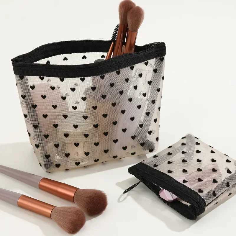 Women Travel Toiletry Wash Makeup Bag Storage Case Zipper Make Up Bags Fashion Black Heart Transparent Mesh Cosmetic BagsXJ250910