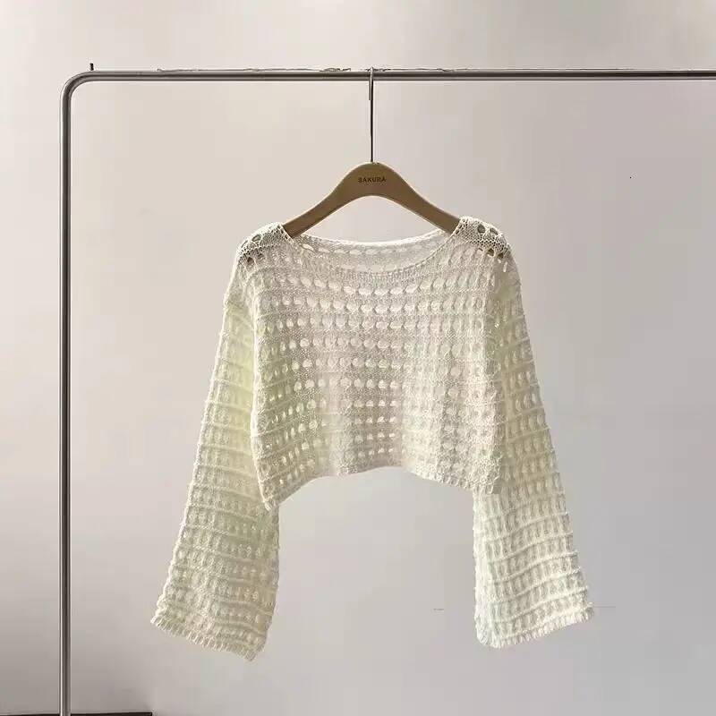 Fishnet Crochet Top Long Sleeve Crop Pullover Women Summer Cover Up Open-knit Blouse Y2K Grunge Outfit dongdumaoyi