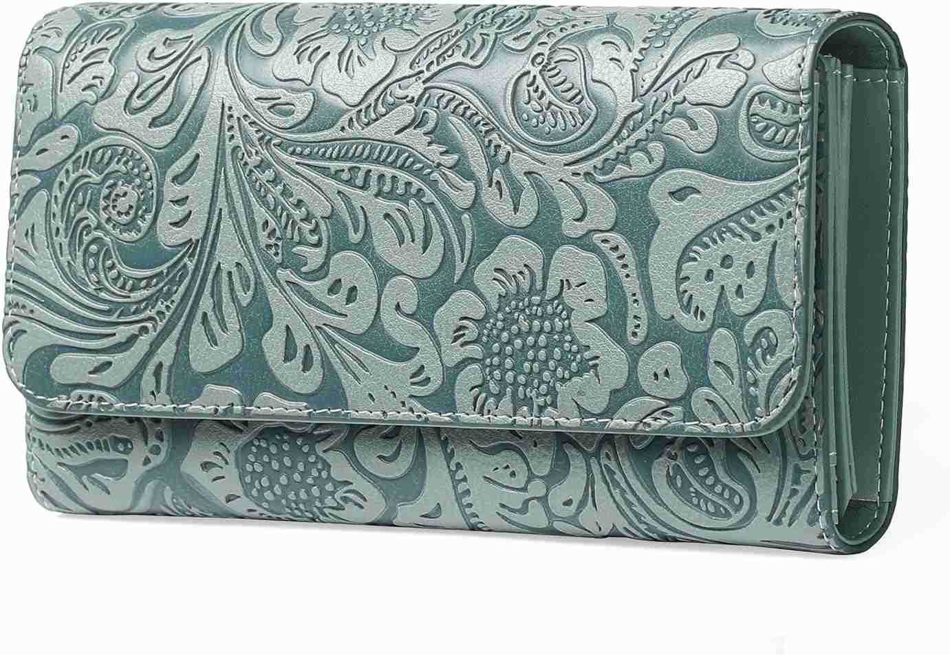 Womens Wallet RFID Blocking Long Clutch Ladies Purse Vegan Leather Embossed Flower BrownZ250910