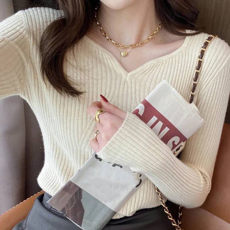 ITOOLIN Slim V-Neck Bottoming Autumn Winter For Women Casual Pullovers Long Sleeve Knit Warm Office Sweater 2024 dongdumaoyi