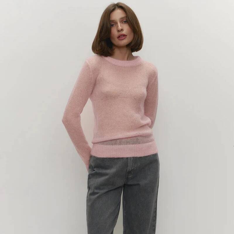 Tornova Mohair Knit Women's Long Sleeves O-Neck Pullover Sweater Lady Loose See Through Top Solid Casual Summer Fashion dongdumaoyi