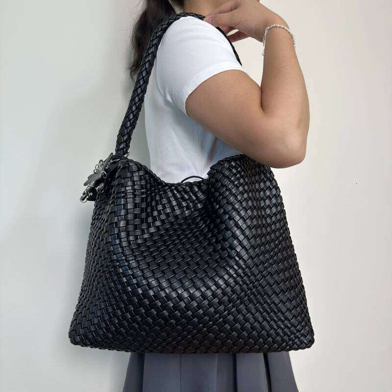 Women Woven Texture Shoulder Bag Lightweight PU Large Capacity Magnetic Clasp Solid Color Glossy For Daily Commute Shopping