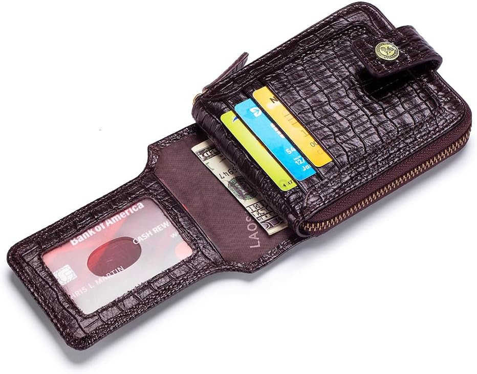 patterned wallet Genuine Leather Wallet for Men Large Capacity ID Window Card Case with Zip Coin Pocket CoffeeZ250910
