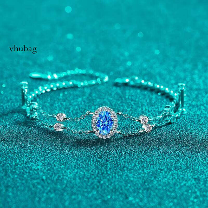 Sterling Sier Moissanite Double Chain Bracelet Trendy Blue Oval Design for Weddings and Parties