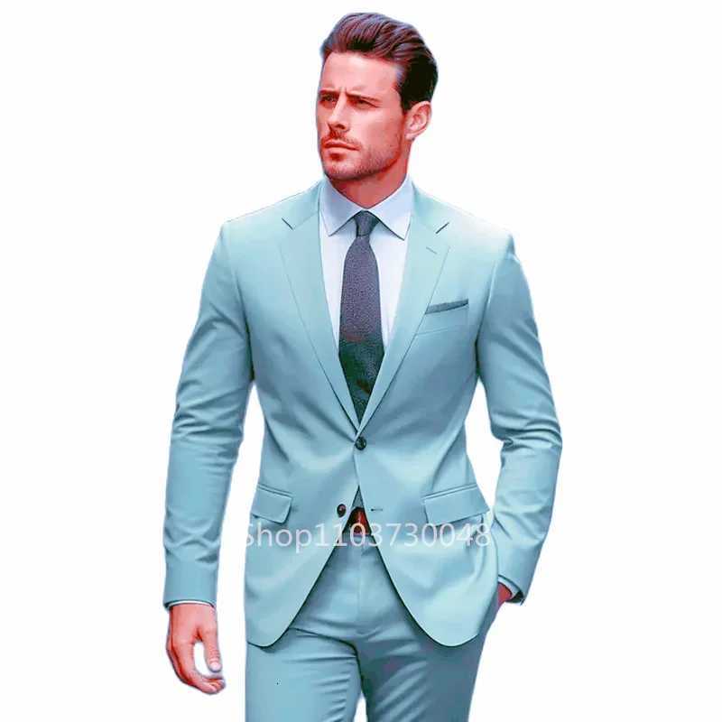 2 Piece Formal WeddingBusiness Men Suits High Quality GreenBlue Fashion Notch Lapel Blazer Pants Slim Fit Groom Party Tuxedos W250910