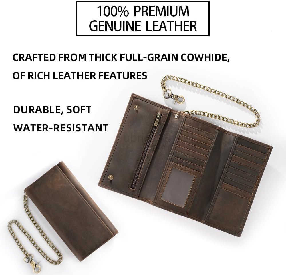 Mens Chain Wallet Biker Trucker Wallets with Long Strong Chains Genuine Leather Trifold Billfold Snap BrownZ250910