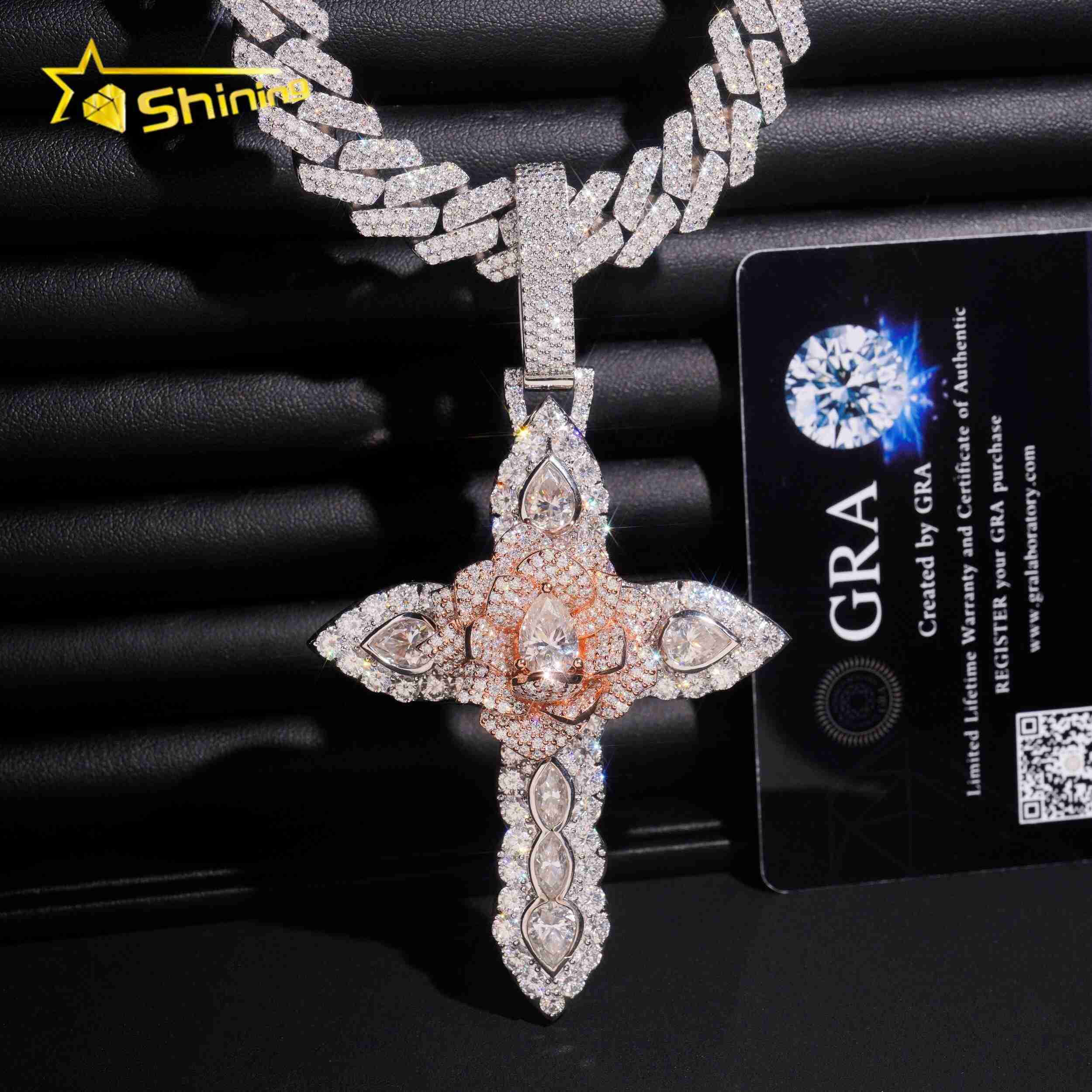 Solid Heavy Two Tone VVS Diamond Hip Hop 925 Silver Iced Out 3D Custom Moissanite Cross Pendant