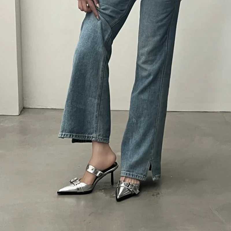 Punk Goth Metal Buckle High Heels Womens Sandals Summer Pointed Toe Silver Party Shoes Fashion Womens Pumps Shoes Tacones W250910