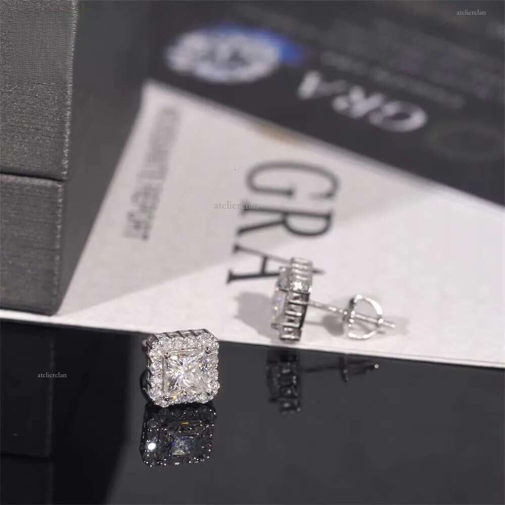 Pass Tester GRA Certified VVS Dia Sterling Sier Princess Cut Moissanite Stud Earrings