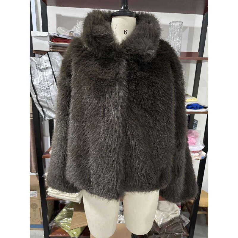 Real Shot - Turn-Down Collar Plush Faux Fur European and American Cross-Border Autumn Winter Fashion Comfortable Casual Warm Coat Top