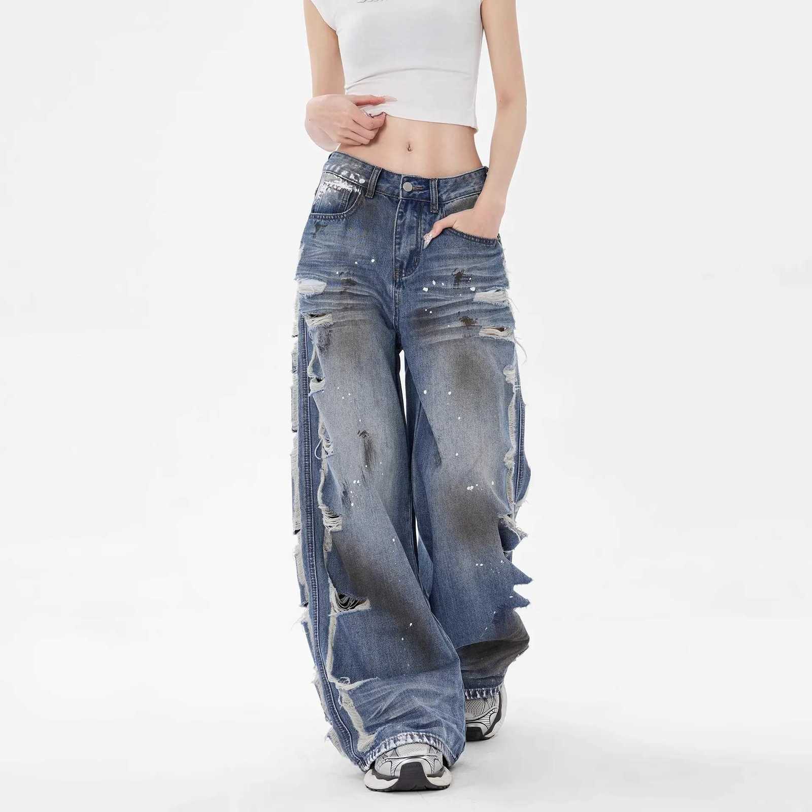 Loose Fit Wide Leg Distressed Denim Pants Women Vintage High Waist Ripped Jeans Light Wash Raw Hem Casual Y2K Street Fashion XL Z250910