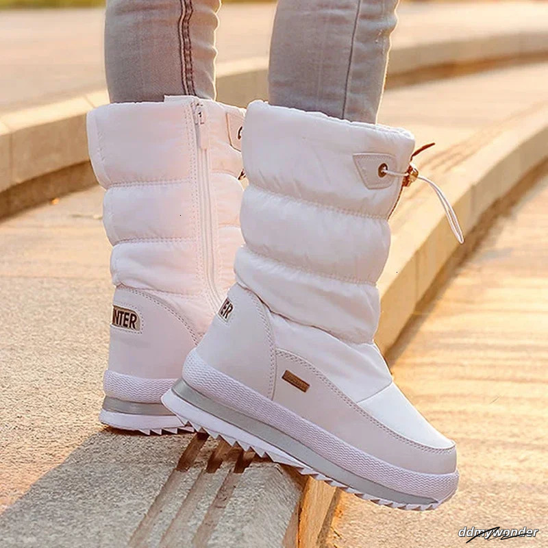 White Women Winter Shoes Warm Plush Mid-Calf Waterproof Rubber Non-Slip Platform Snow Boots Female Plus Size 42