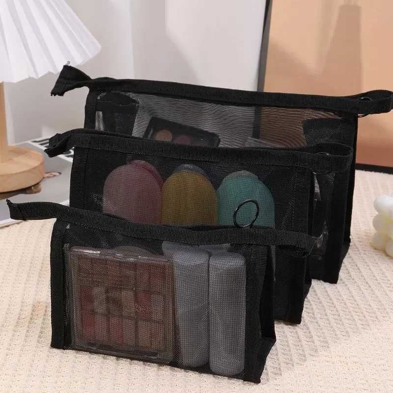 Travel Black Mesh Cosmetic Bag Zipper Makeup Bag For Women Wash Toiletry Bag Makeup Organizer Portable Storage PouchXJ250910