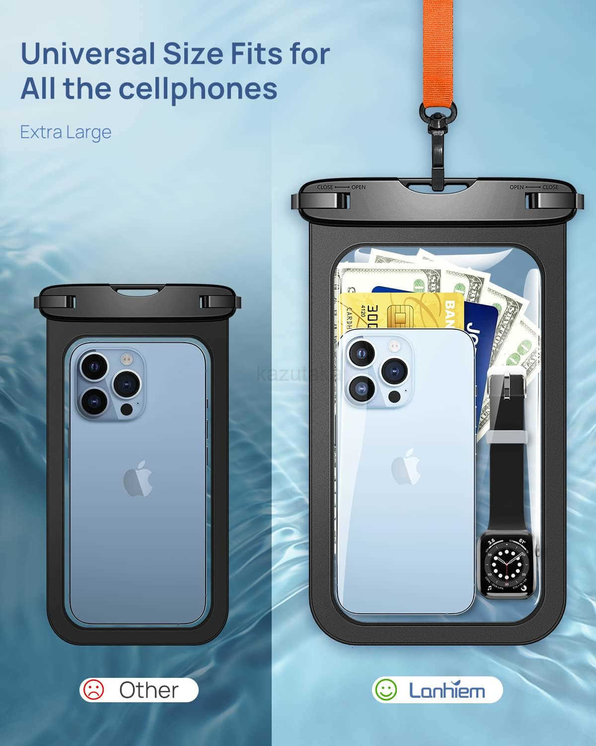 105 Large Waterproof Phone Pouch 2 Pack Universal IPX8 Waterproof Dry Bag with Lanyard for iPhone 16 15 14 Pro Max S25 S24 S23 Ultra S24 FE Pixel 9A Z