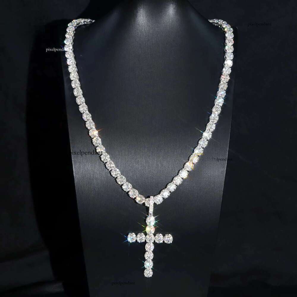 2025 Hiphop 10mm 4CT Moissanite Dia Sterling Sier Ice Out Cross Pendant with Tennis Chain Newest Design