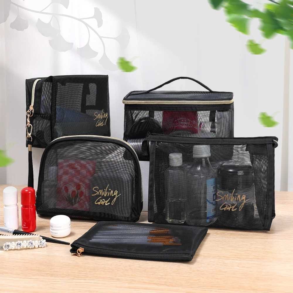 LargeCapacity Black Mesh Makeup Case Organizer Storage Pouch Casual Zipper Toiletry Wash Bags Make Up Women Travel Cosmetic BagXJ250910