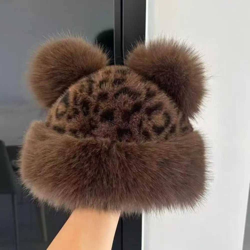 Ear Protection Hat Russian Hat Leopard Print Bear Ears Plush Thick Warm Fluffy Fur Winter Outdoor Snow Ski C Soft Bucket HatXJ250910
