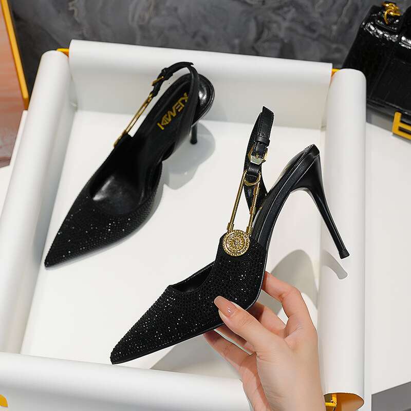 P7 Summer New Baotou Sandals Women's Rhinestone Pointed Toe Shoes Temperament Lady High Heels Black Half Slippers