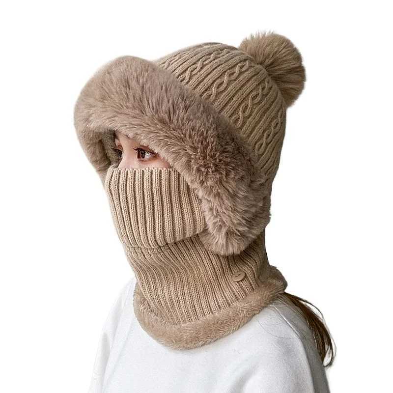 Winter Plush Fur Ball Pulr Hats For Women Casual Twist Pattern Fleece Lined Knitted Hat La Thicken Warm Scarf Hat FemaleXJ250910