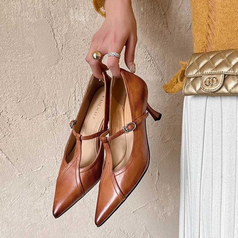 NEW SpringAutumn Women Pumps Genuine Leather Shoes for Women Pointed Toe Thin Heel Shoes Concise Tstrap Shallow Designer Shoes W250910