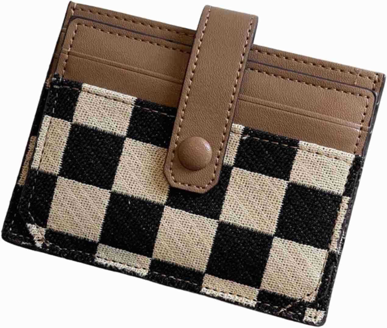 Cute Slim Card Holder Canvas Front Pocket Checkered Wallet Small CARD Case for Women BrownZ250910