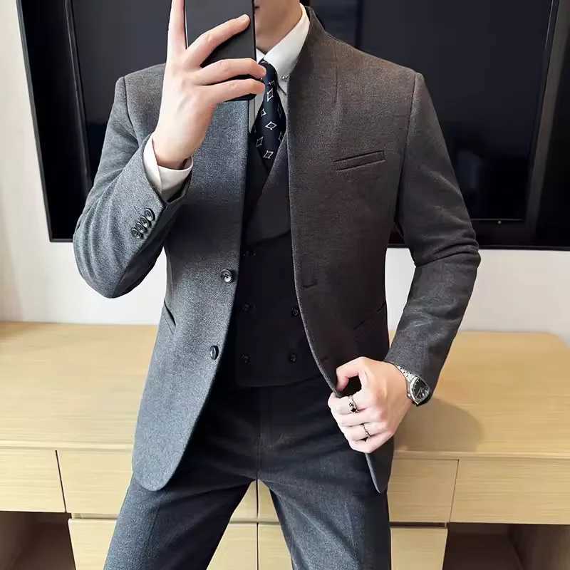 Chinese style collarless wool mens suit slim fit business suit wool suit 3piece set wedding formal mens suit W250910