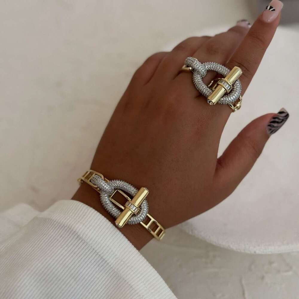 New gold tone full diamond luxury jewelry for women classic super sparkling crossbar OT series ring bracelet set pig nose moissanite silver tone desig