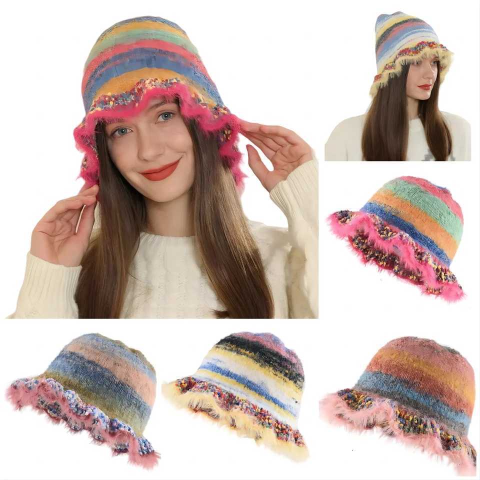 Ins Color Gradual Change Striped Wool Hat Autumn Winter Cute Handmade Plush Hat Big Head Circumference Knitted Bucket HatXJ250910