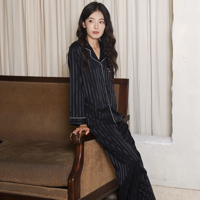New Ice Silk Women's Pajamas Barbie Pink Striped Collar Long Sleeve Pants Home Clothes Set Autumn/Winter New Designer Pajamas